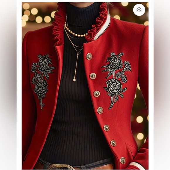 Ruffled Stand-up Collar Single-breasted Rose Embroidered Jacket - Picture 4 of 9